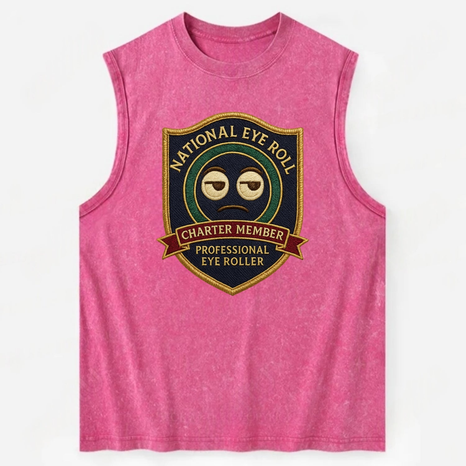 Crest with eye roll icon - "National Eye Roll Association - Charter Member" - - Vintage Washed Tank - Pink