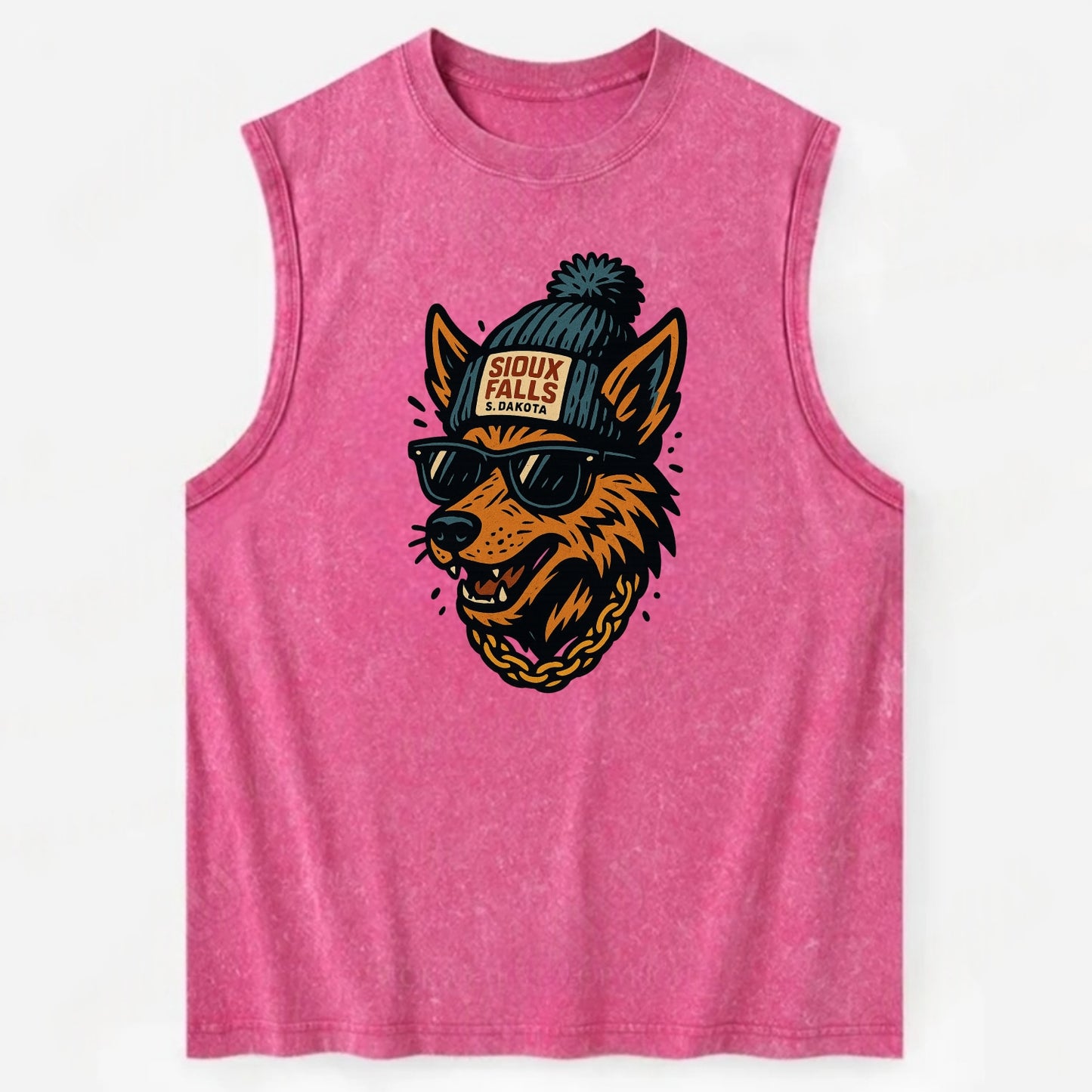 South Dakota Coyote wearing Sioux Falls beanie with pom pom and wayfarer - Vintage Washed Tank - Pink
