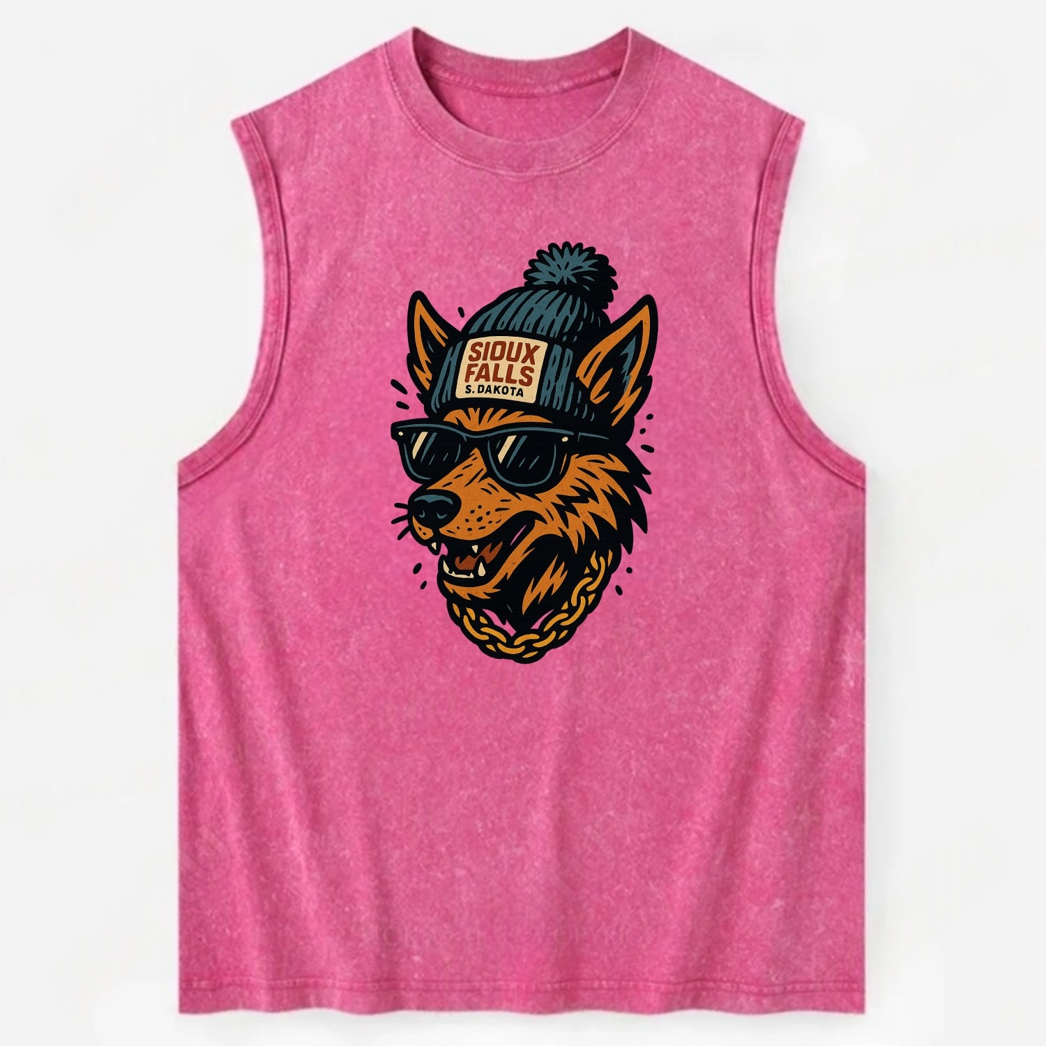 South Dakota Coyote wearing Sioux Falls beanie with pom pom and wayfarer - Vintage Washed Tank - Pink