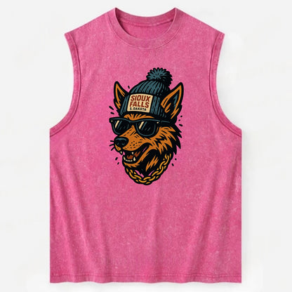 South Dakota Coyote wearing Sioux Falls beanie with pom pom and wayfarer - Vintage Washed Tank - Pink