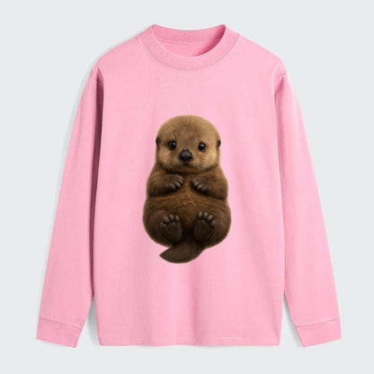 Baby Sea Otter - brown fluffy, floating on back, tiny paws, bright - Classic Long Sleeve Shirt - Pink