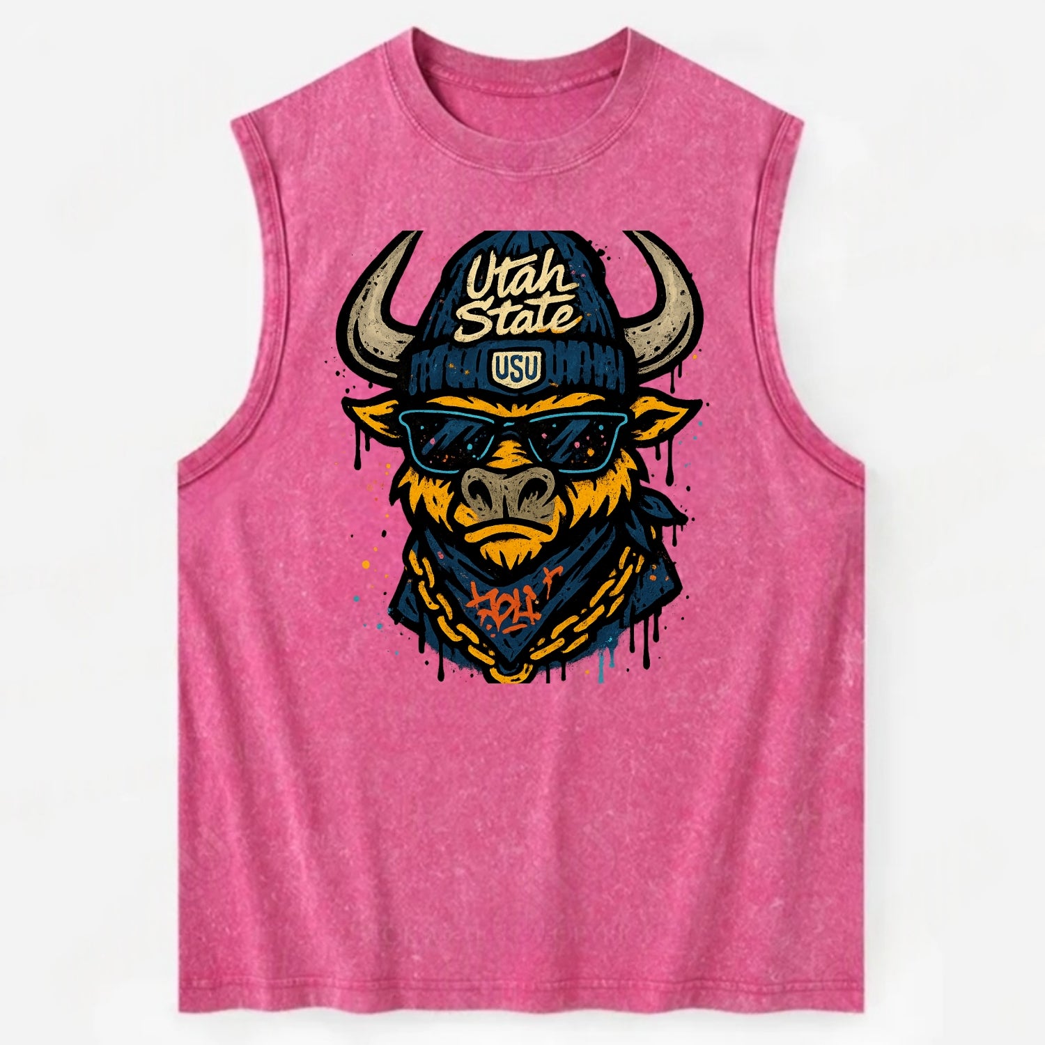 Logan Aggie wearing Utah State beanie with USU patch - Vintage Washed Tank - Pink