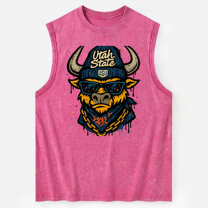 Logan Aggie wearing Utah State beanie with USU patch - Vintage Washed Tank - Pink