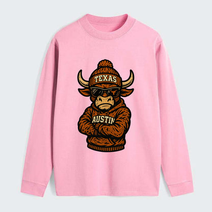 Austin Bevo wearing Texas beanie with longhorn patch - Classic Long Sleeve Shirt - Pink