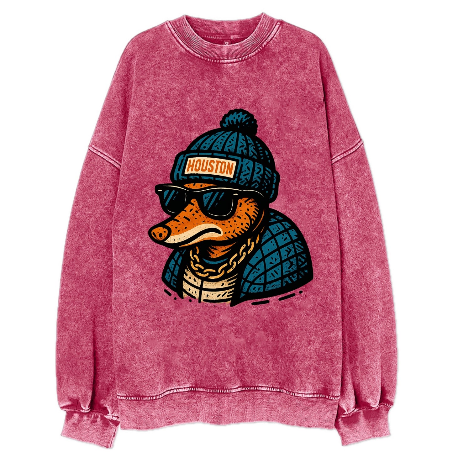 Houston Armadillo wearing Houston beanie with pom pom and wayfarer sunglasses - Vintage Sweatshirt - Pink