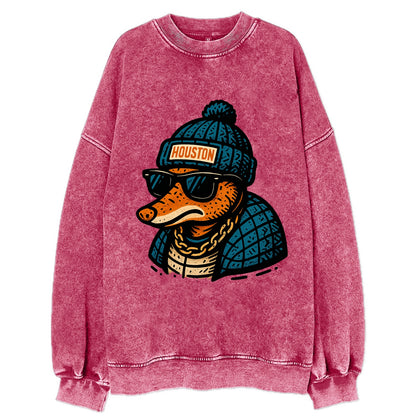 Houston Armadillo wearing Houston beanie with pom pom and wayfarer sunglasses - Vintage Sweatshirt - Pink