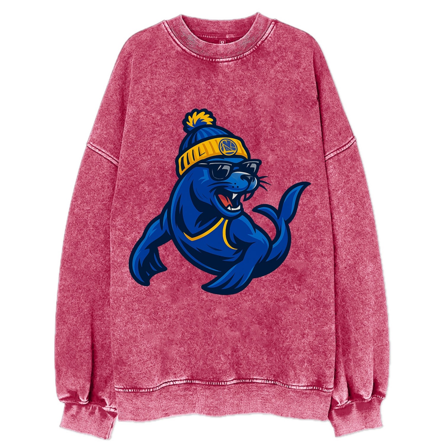 Bay Area Sea Lion wearing Warriors blue and gold beanie with Golden Gate and - Vintage Sweatshirt - Pink