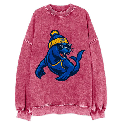 Bay Area Sea Lion wearing Warriors blue and gold beanie with Golden Gate and - Vintage Sweatshirt - Pink