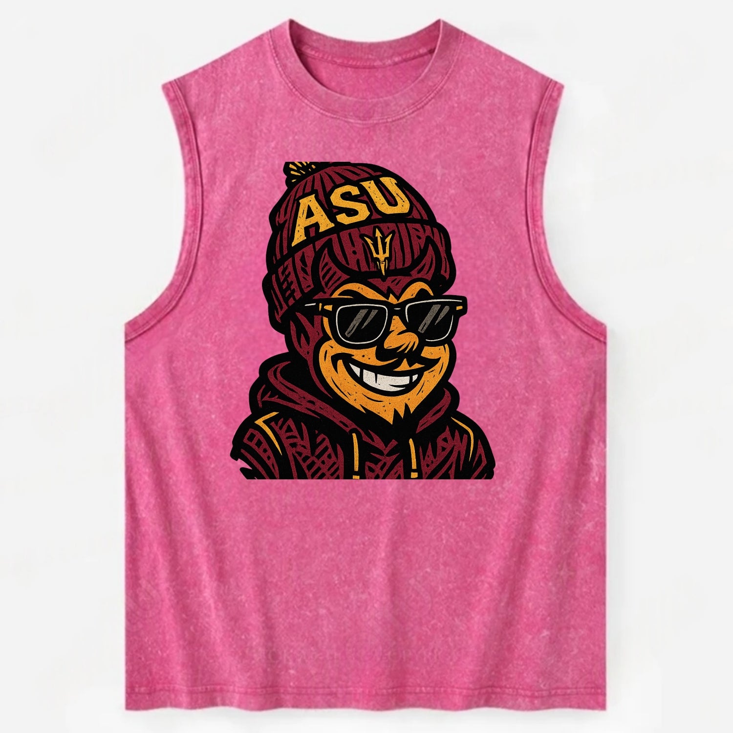 Tempe Sparky wearing Arizona State beanie with fork patch - Vintage Washed Tank - Pink