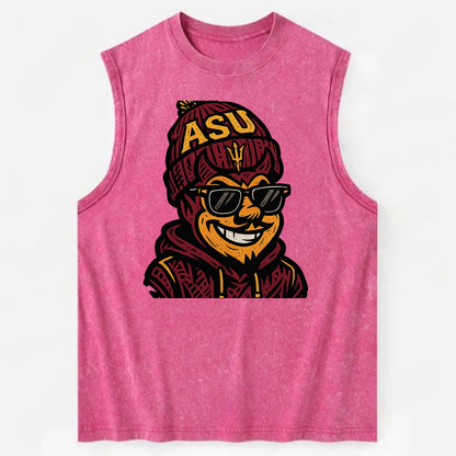 Tempe Sparky wearing Arizona State beanie with fork patch - Vintage Washed Tank - Pink