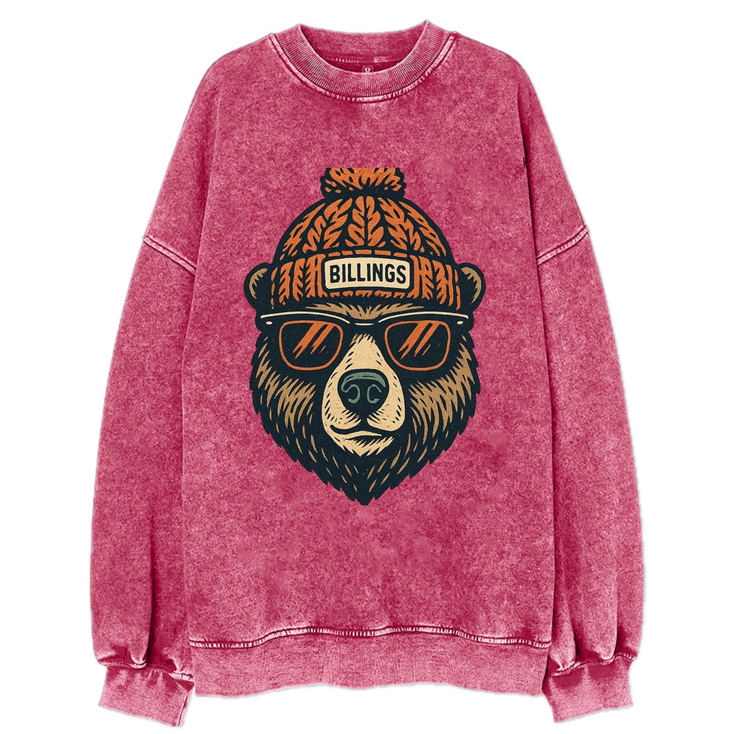 Montana Grizzly Bear wearing Billings beanie with pom pom and wayfarer - Vintage Sweatshirt - Pink