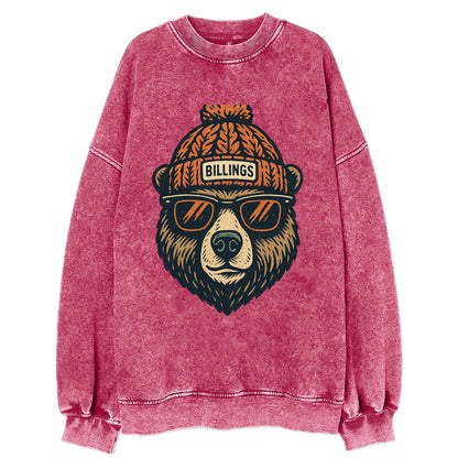 Montana Grizzly Bear wearing Billings beanie with pom pom and wayfarer - Vintage Sweatshirt - Pink