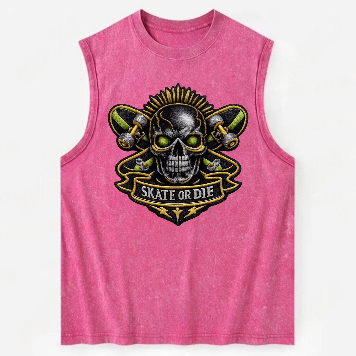 SKATEBOARD SKULL - skull with skateboard in black and neon green , extreme - Vintage Washed Tank - Pink