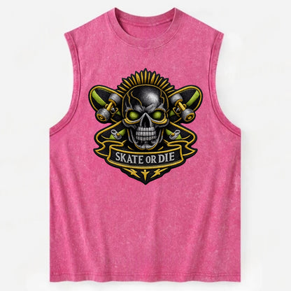 SKATEBOARD SKULL - skull with skateboard in black and neon green , extreme - Vintage Washed Tank - Pink