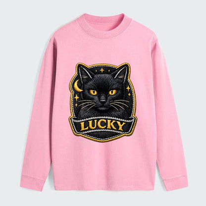BLACK CAT LUCKY - sleek black cat with gold eyes in black , mysterious - Classic Long Sleeve Shirt - Pink