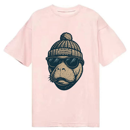 Jacksonville Manatee wearing Jacksonville beanie with pom pom and wayfarer - Classic T-shirt - Pink