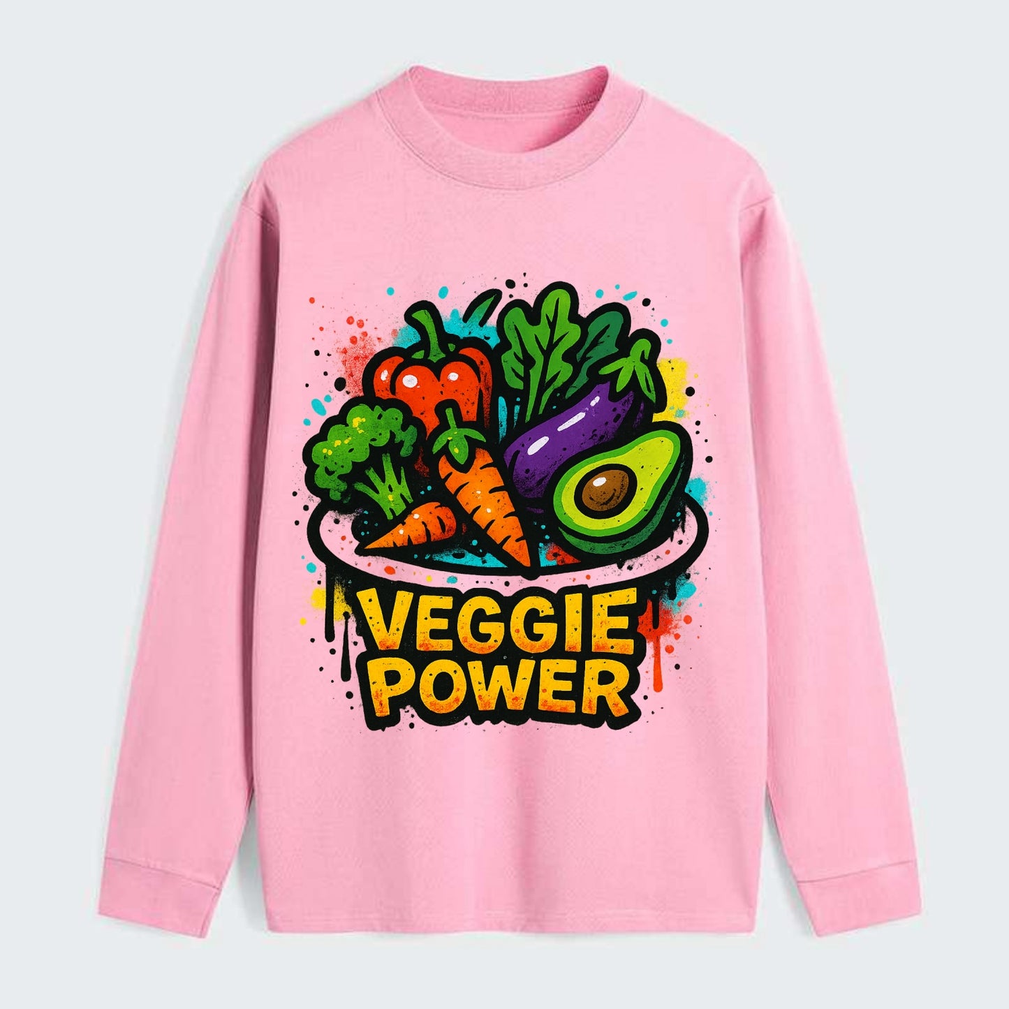 Colorful vegetables and plants on plate - plant-based lifestyle, veggie - Classic Long Sleeve Shirt - Pink