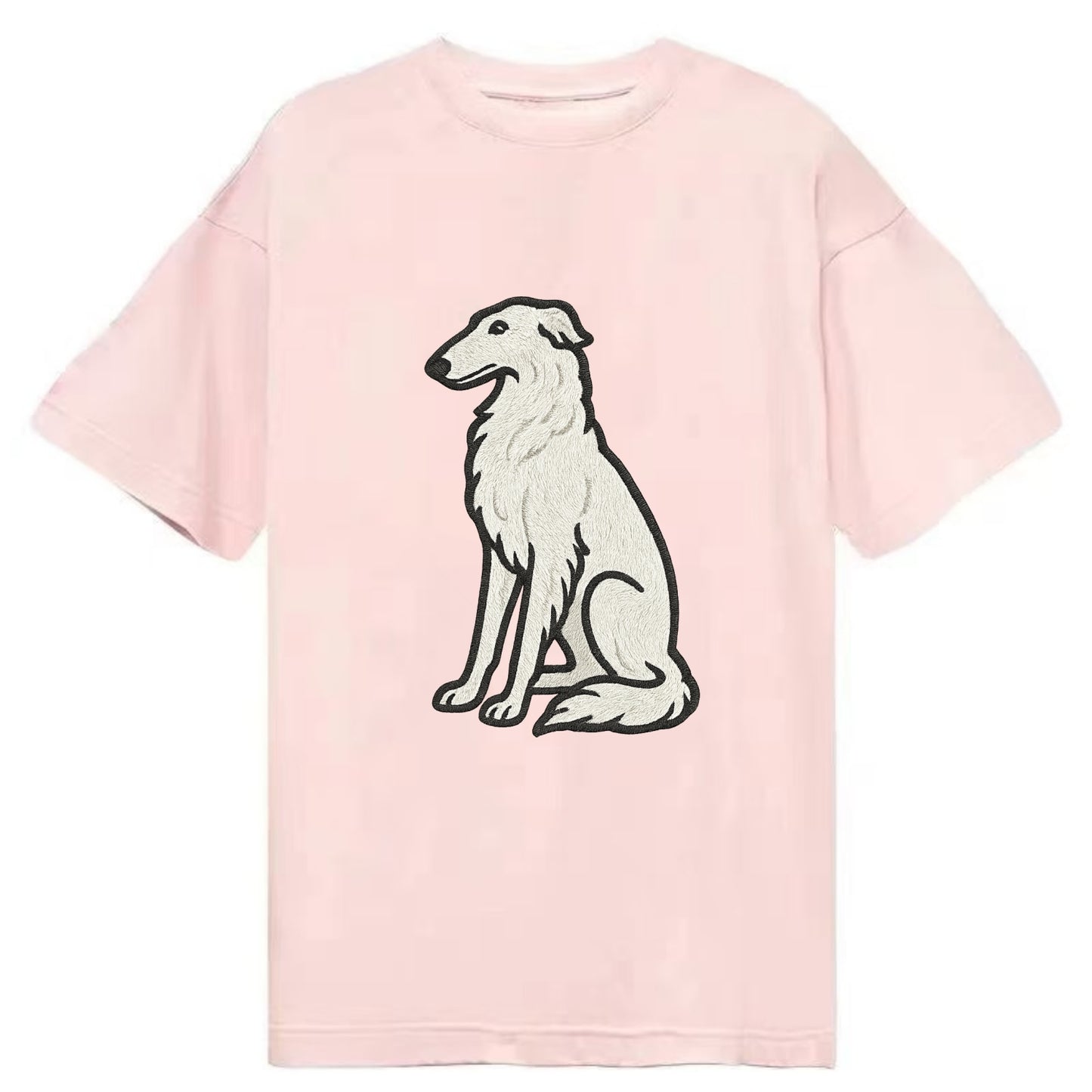 Borzoi - White embroidered sitting pose - Classic T-shirt - Pink