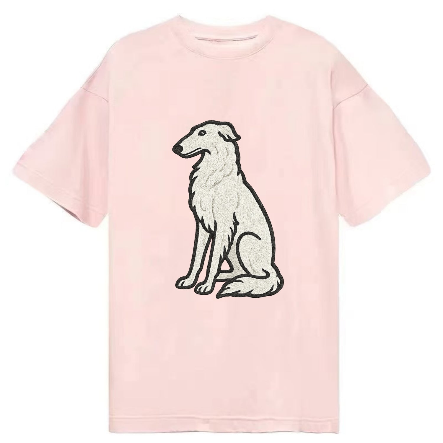 Borzoi - White embroidered sitting pose - Classic T-shirt - Pink