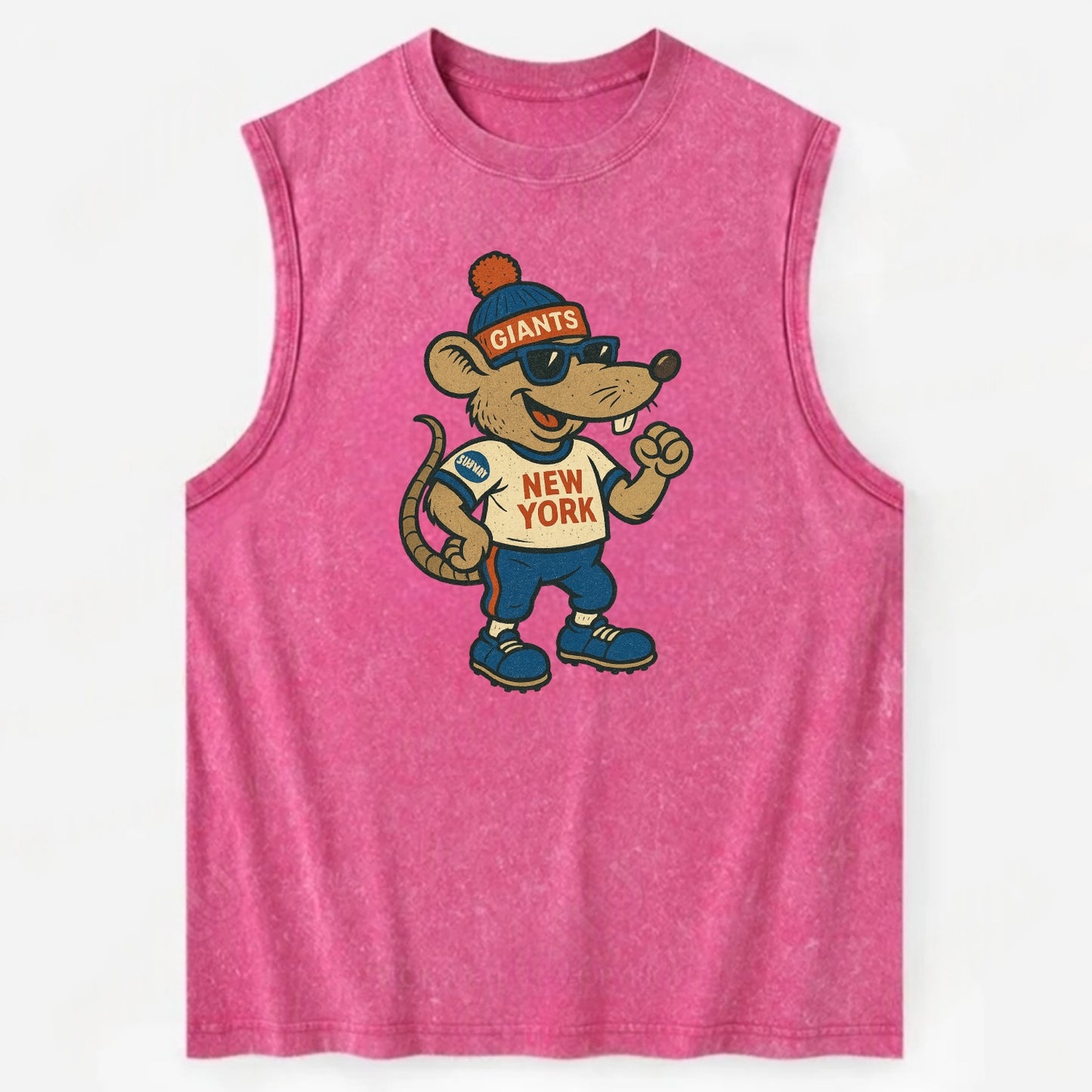 New York Rat wearing Giants beanie with subway patch and wayfarer sunglasses - Vintage Washed Tank - Pink