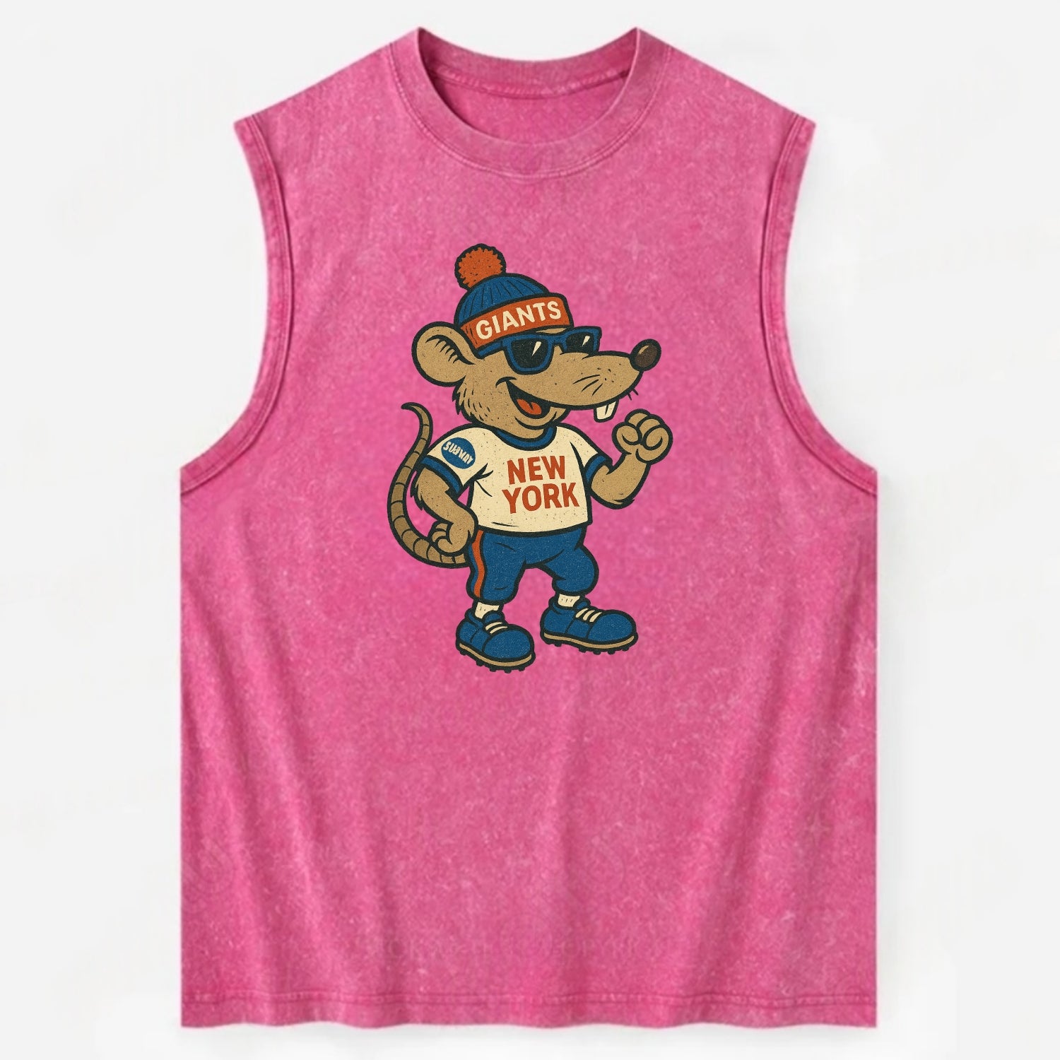 New York Rat wearing Giants beanie with subway patch and wayfarer sunglasses - Vintage Washed Tank - Pink