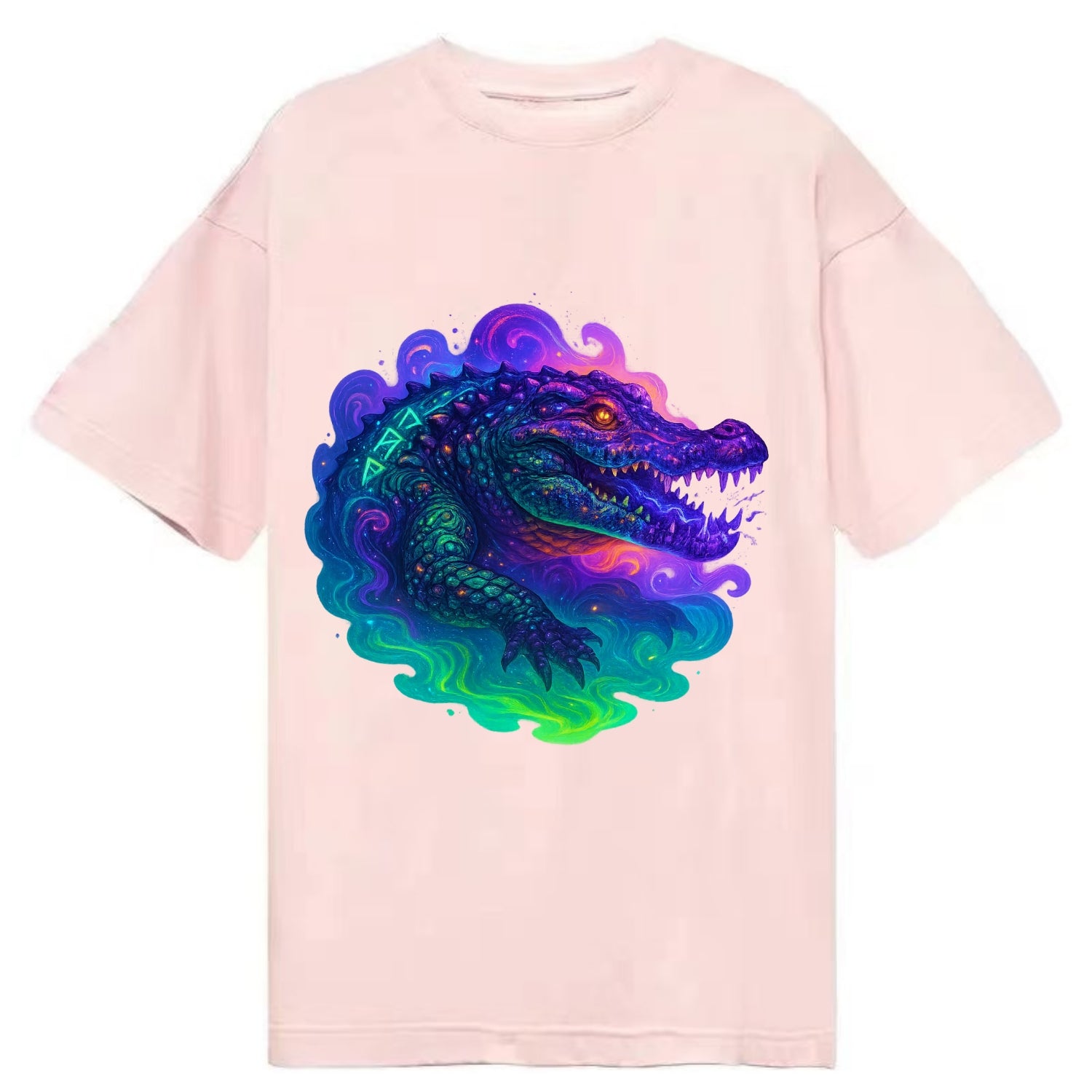 Primordial crocodile with scales pulsing plasma energy in green and purple, - Classic T-shirt - Pink