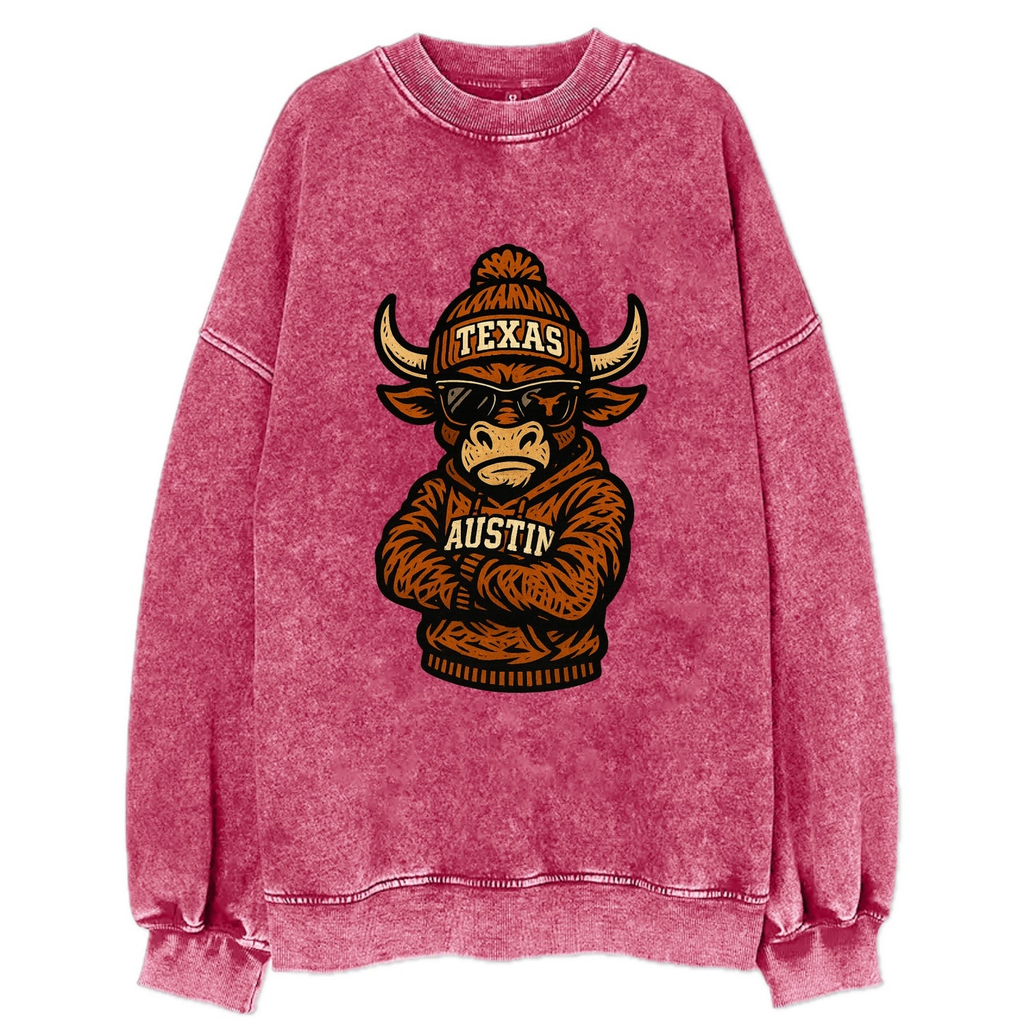Austin Bevo wearing Texas beanie with longhorn patch - Vintage Sweatshirt - Pink