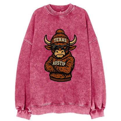Austin Bevo wearing Texas beanie with longhorn patch - Vintage Sweatshirt - Pink