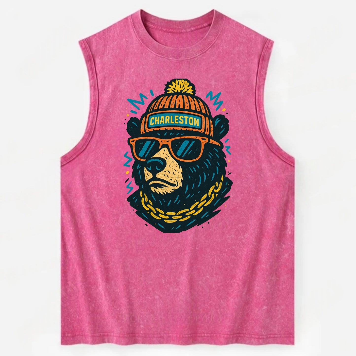 West Virginia Black Bear wearing Charleston beanie with pom pom and wayfarer - Vintage Washed Tank - Pink