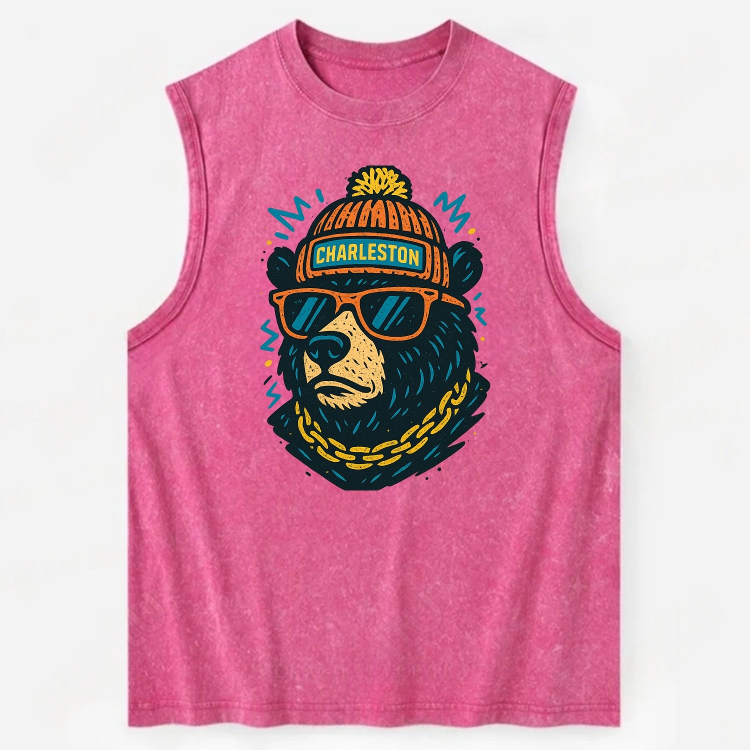 West Virginia Black Bear wearing Charleston beanie with pom pom and wayfarer - Vintage Washed Tank - Pink
