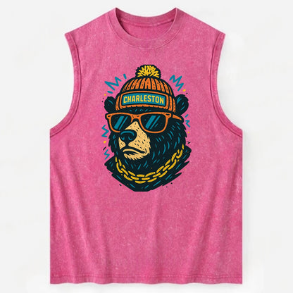 West Virginia Black Bear wearing Charleston beanie with pom pom and wayfarer - Vintage Washed Tank - Pink