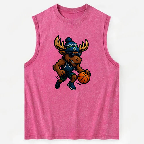 Twin Cities Moose wearing Timberwolves beanie with pine tree patch and - Vintage Washed Tank