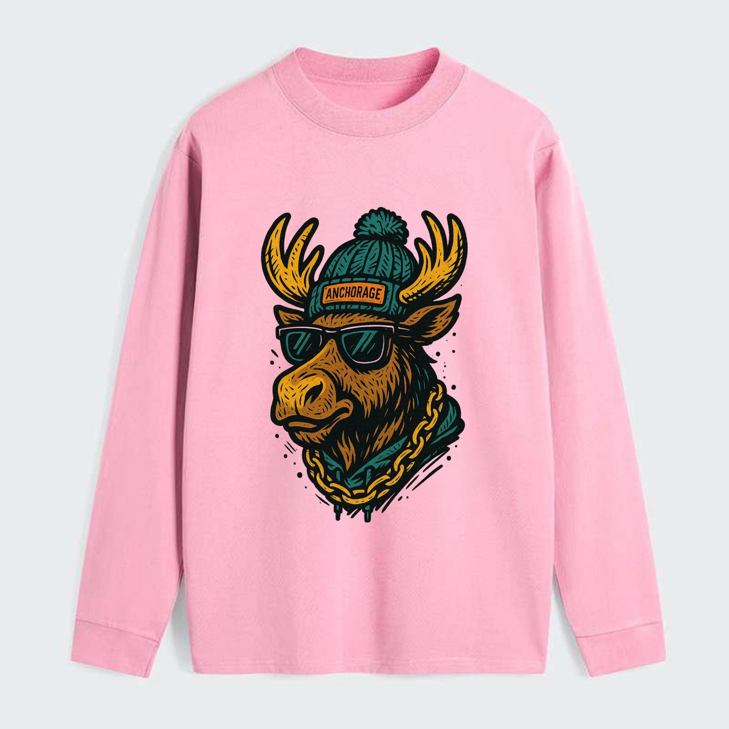 Alaska Moose wearing Anchorage beanie with pom pom and wayfarer - Classic Long Sleeve Shirt - Pink