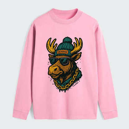 Alaska Moose wearing Anchorage beanie with pom pom and wayfarer - Classic Long Sleeve Shirt - Pink