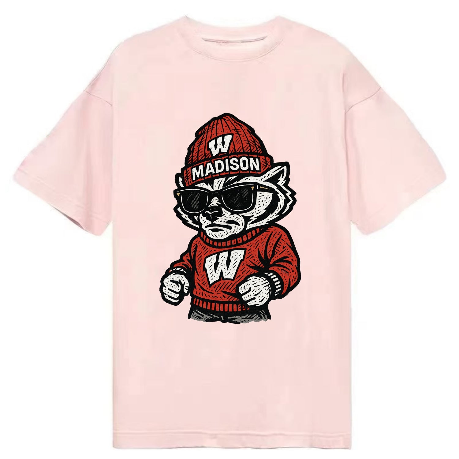 Madison Badger wearing Wisconsin beanie with motion W patch - Classic T-shirt - Pink