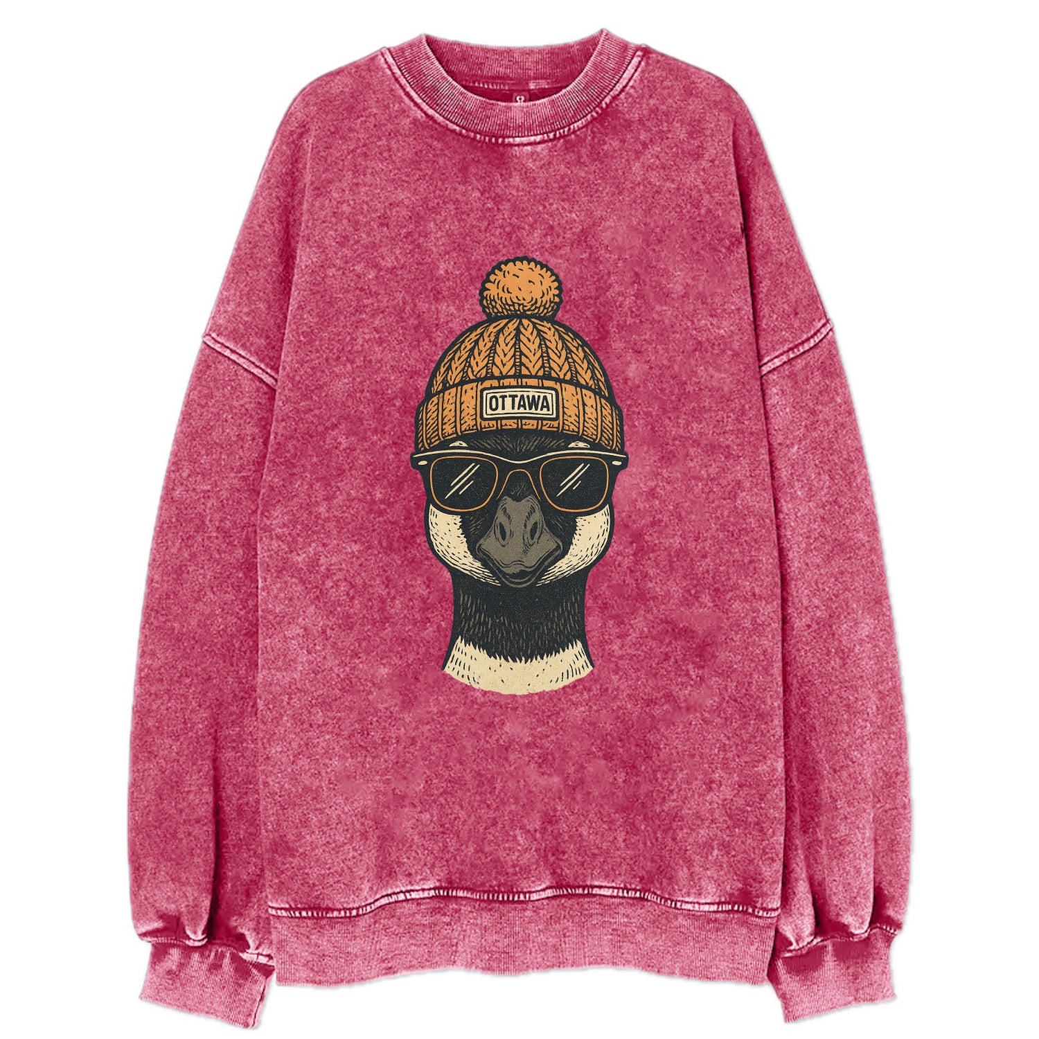 Ottawa Canadian Goose wearing Ottawa beanie with pom pom and wayfarer - Vintage Sweatshirt - Pink