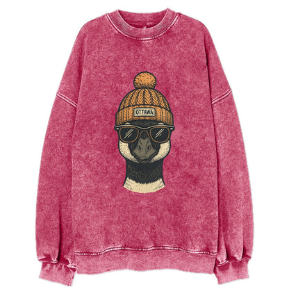 Ottawa Canadian Goose wearing Ottawa beanie with pom pom and wayfarer - Vintage Sweatshirt - Pink