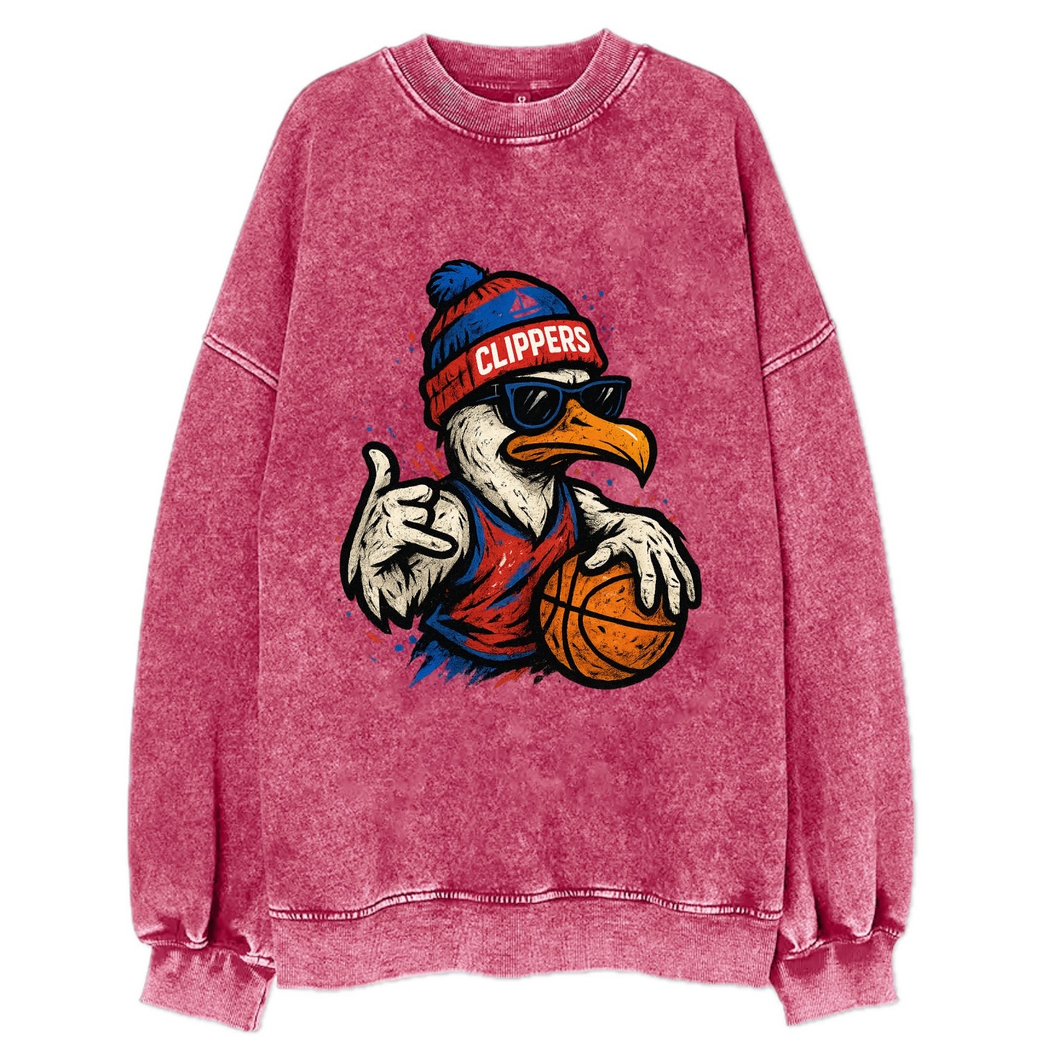 LA Seagull wearing Clippers red white and blue beanie with ship patch and - Vintage Sweatshirt - Pink