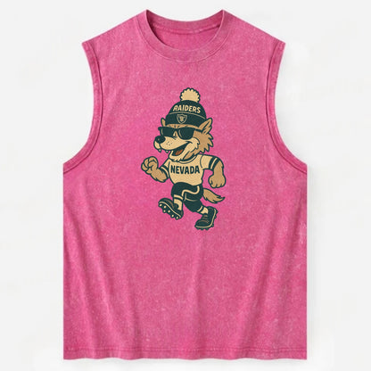 Nevada Wolf wearing Raiders beanie with outlaw patch and wayfarer sunglasses - Vintage Washed Tank - Pink