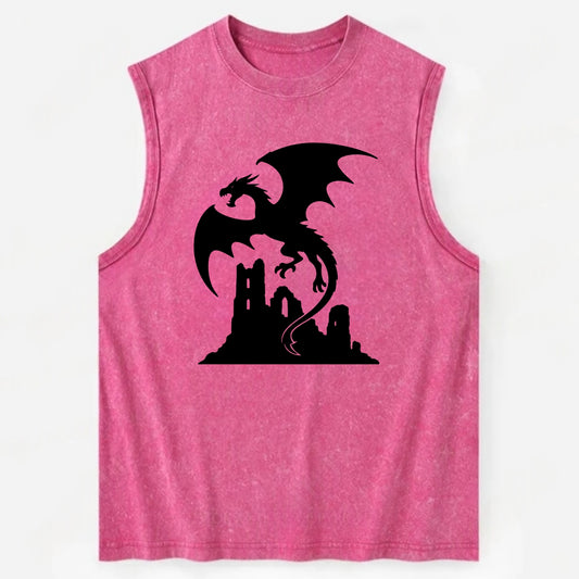 Dragon flying over castle ruins - Vintage Washed Tank - Pink