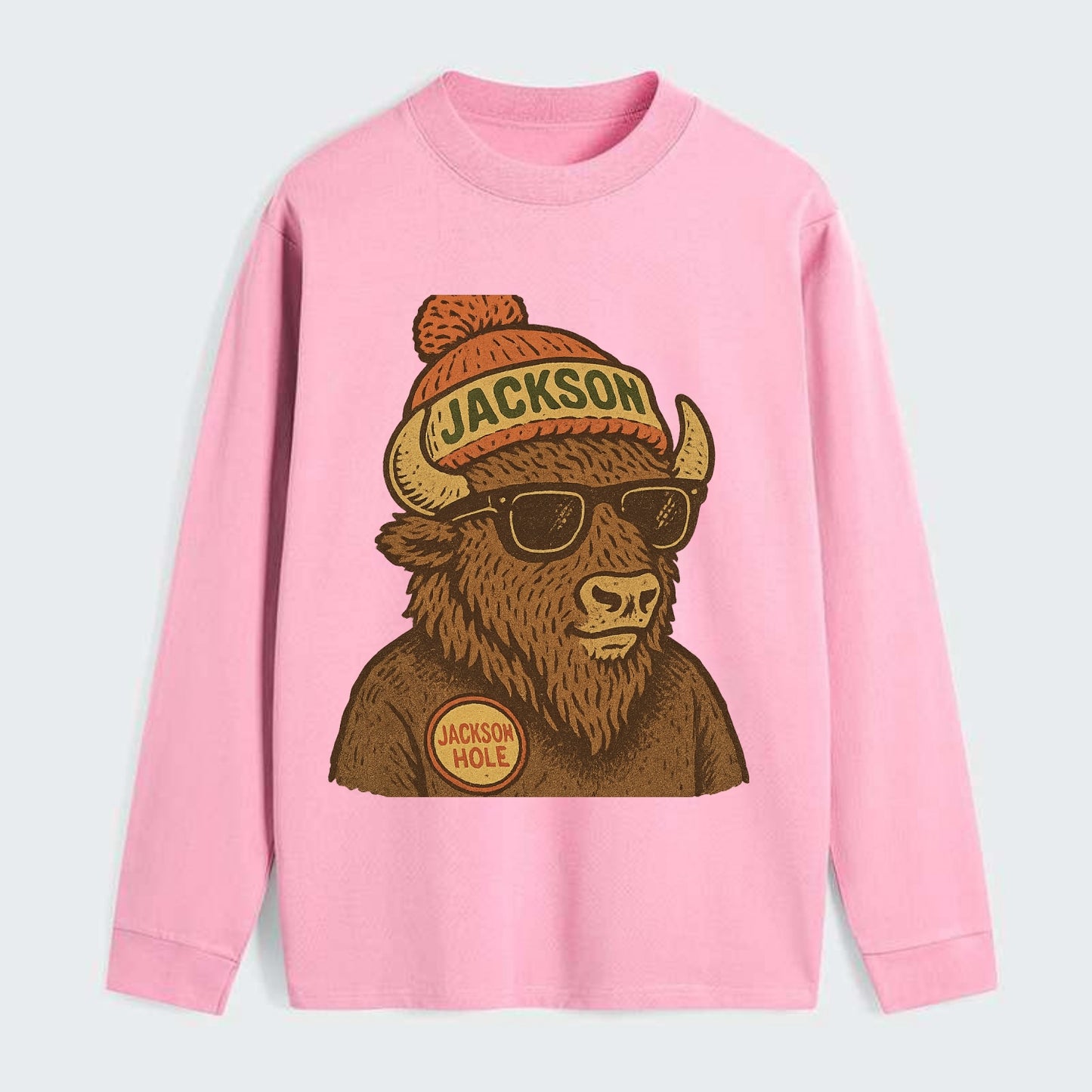 Jackson Hole Bison wearing Jackson beanie with pom pom and wayfarer - Classic Long Sleeve Shirt - Pink