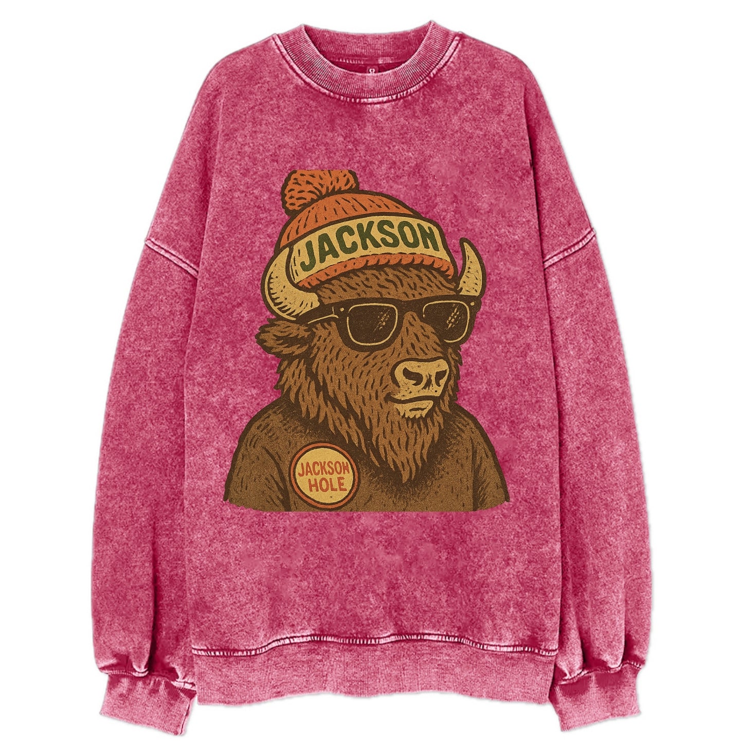 Jackson Hole Bison wearing Jackson beanie with pom pom and wayfarer sunglasses - Vintage Sweatshirt - Pink