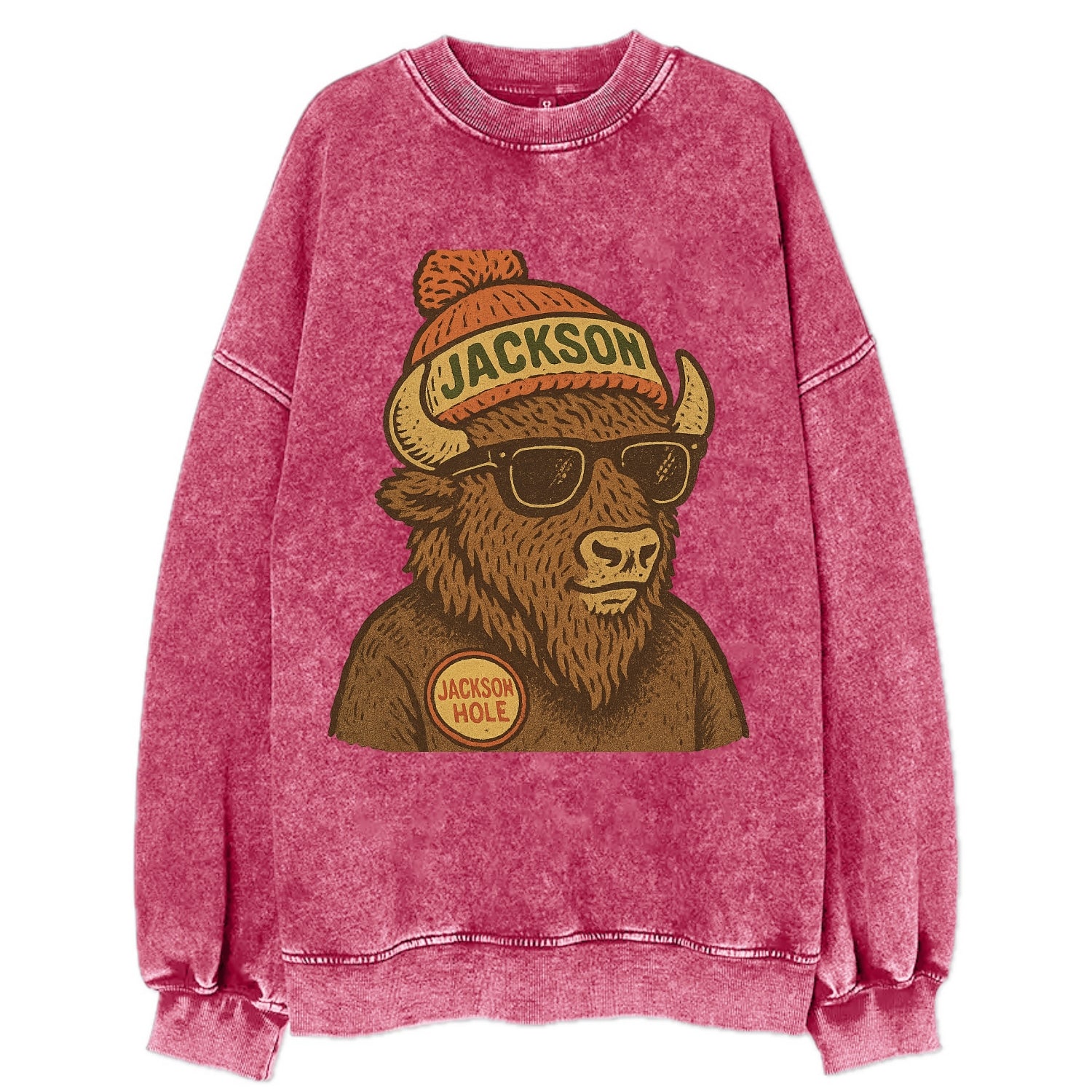 Jackson Hole Bison wearing Jackson beanie with pom pom and wayfarer sunglasses - Vintage Sweatshirt - Pink