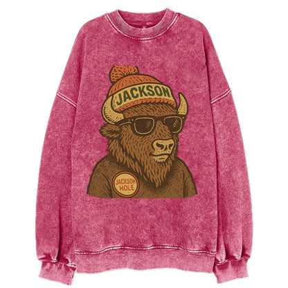 Jackson Hole Bison wearing Jackson beanie with pom pom and wayfarer sunglasses - Vintage Sweatshirt - Pink