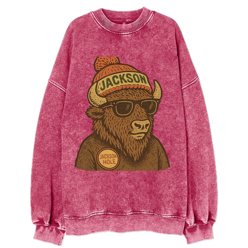 Jackson Hole Bison wearing Jackson beanie with pom pom and wayfarer sunglasses - Vintage Sweatshirt