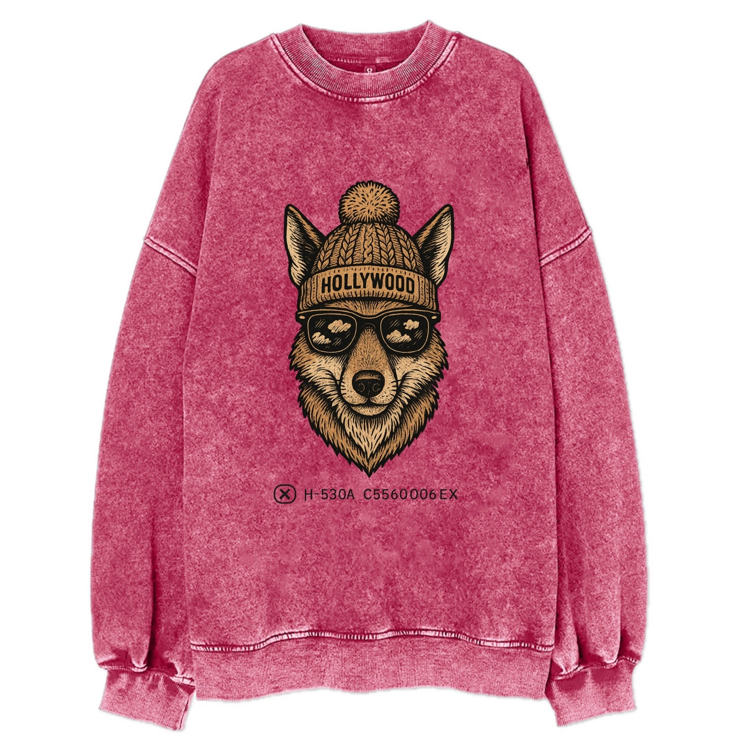 LA Coyote wearing Hollywood beanie with pom pom and wayfarer sunglasses - Vintage Sweatshirt - Pink
