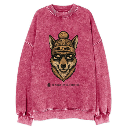 LA Coyote wearing Hollywood beanie with pom pom and wayfarer sunglasses - Vintage Sweatshirt - Pink