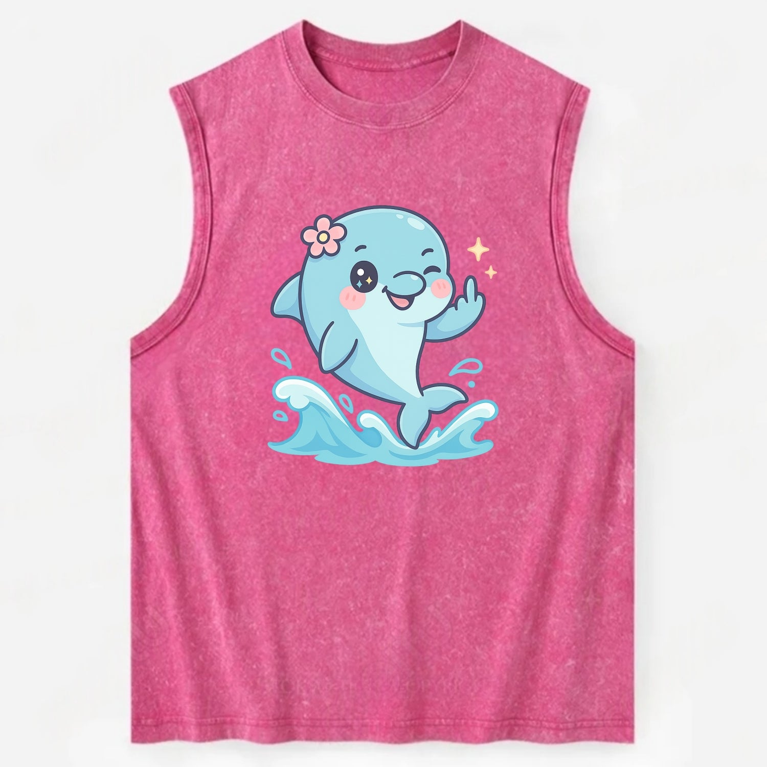 smiling dolphin jumping through ocean waves, one fin up with attitude - Vintage Washed Tank - Pink