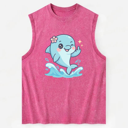 smiling dolphin jumping through ocean waves, one fin up with attitude - Vintage Washed Tank - Pink