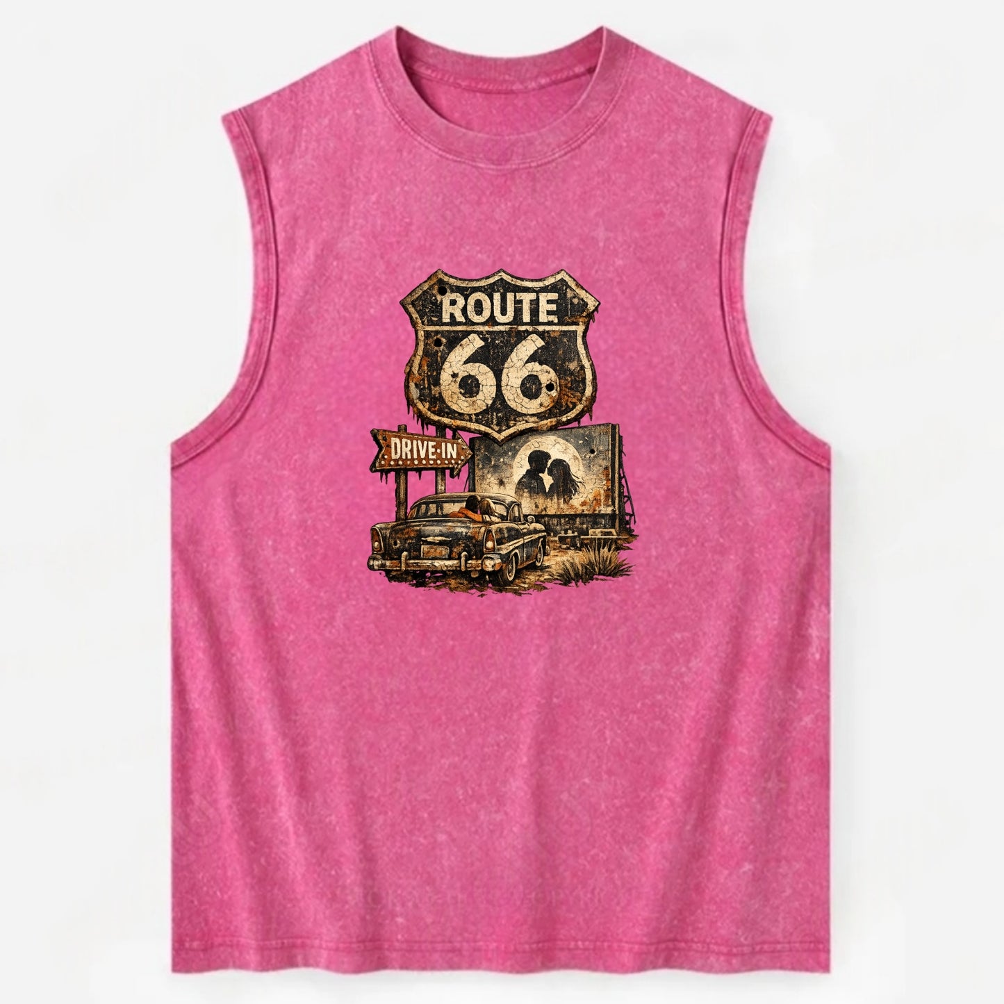 DRIVE-IN | Classic car at drive-in theater | Movie night romance | Americana - Vintage Washed Tank - Pink